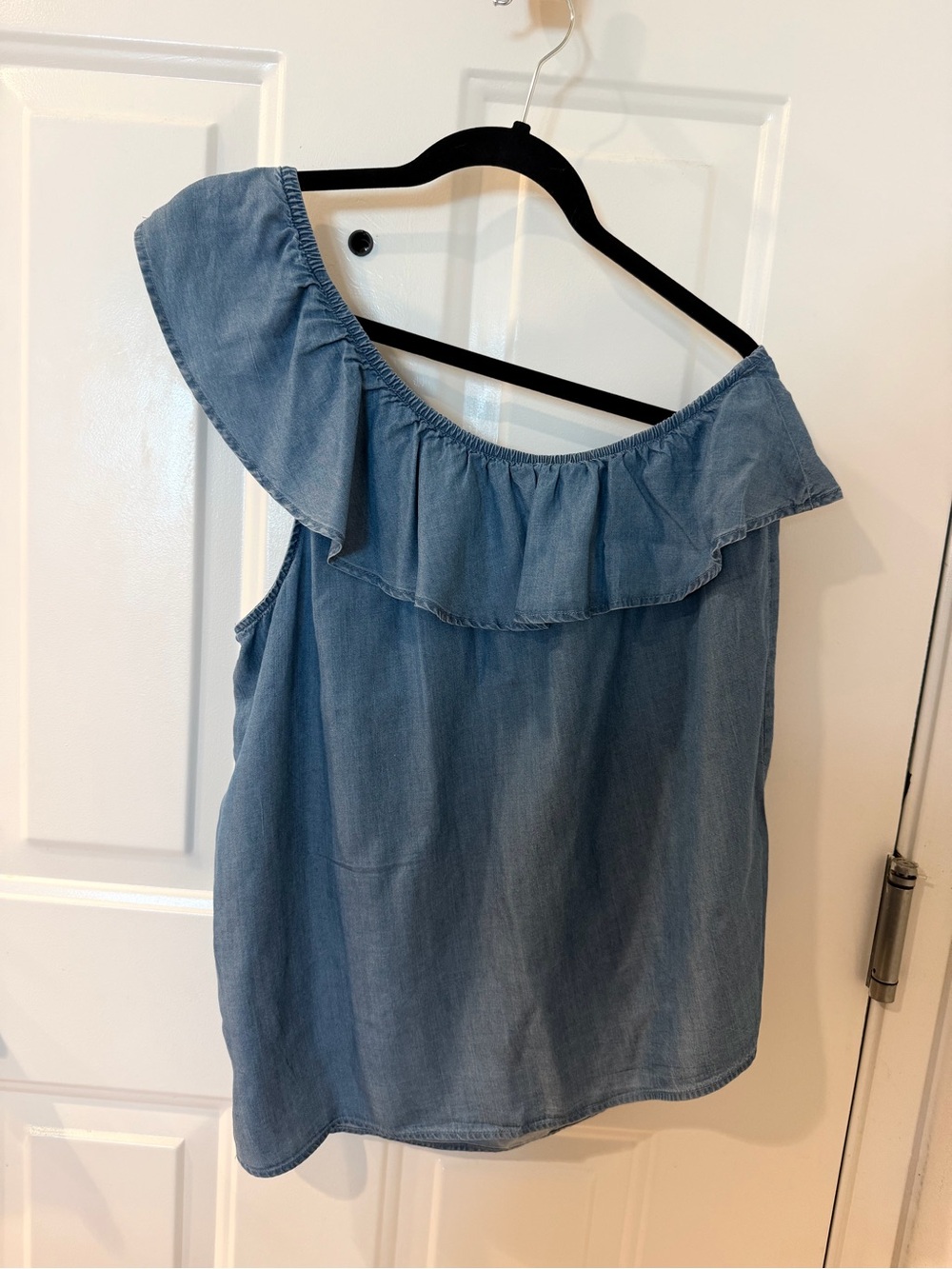 Old Navy Light Blue Denim One-Shoulder Ruffle Tank